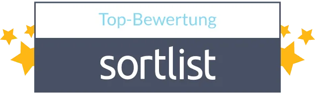 Grafik mit blauer Farbgestaltung, die das Logo von Sortlist und die Aufschrift 'Top-Bewertung' zeigt, umgeben von sternförmigen Symbolen.